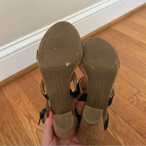 Tommy Hilfiger Edessa Platform Black Leather Pump Sandal Heels Women’s Size 7.5 - Picture 5 of 7